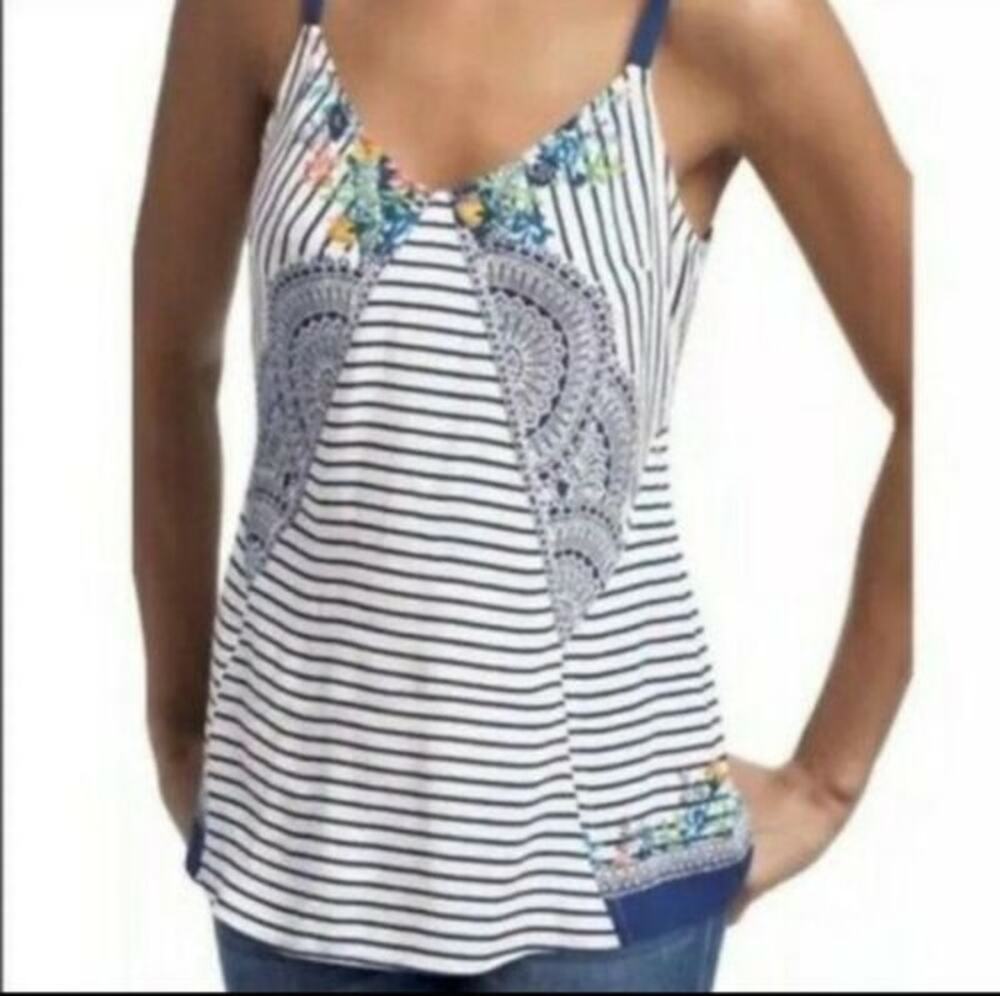 Cabi Harlow Cami Tank Top 100% Rayon Floral Pattern Striped Navy White Small